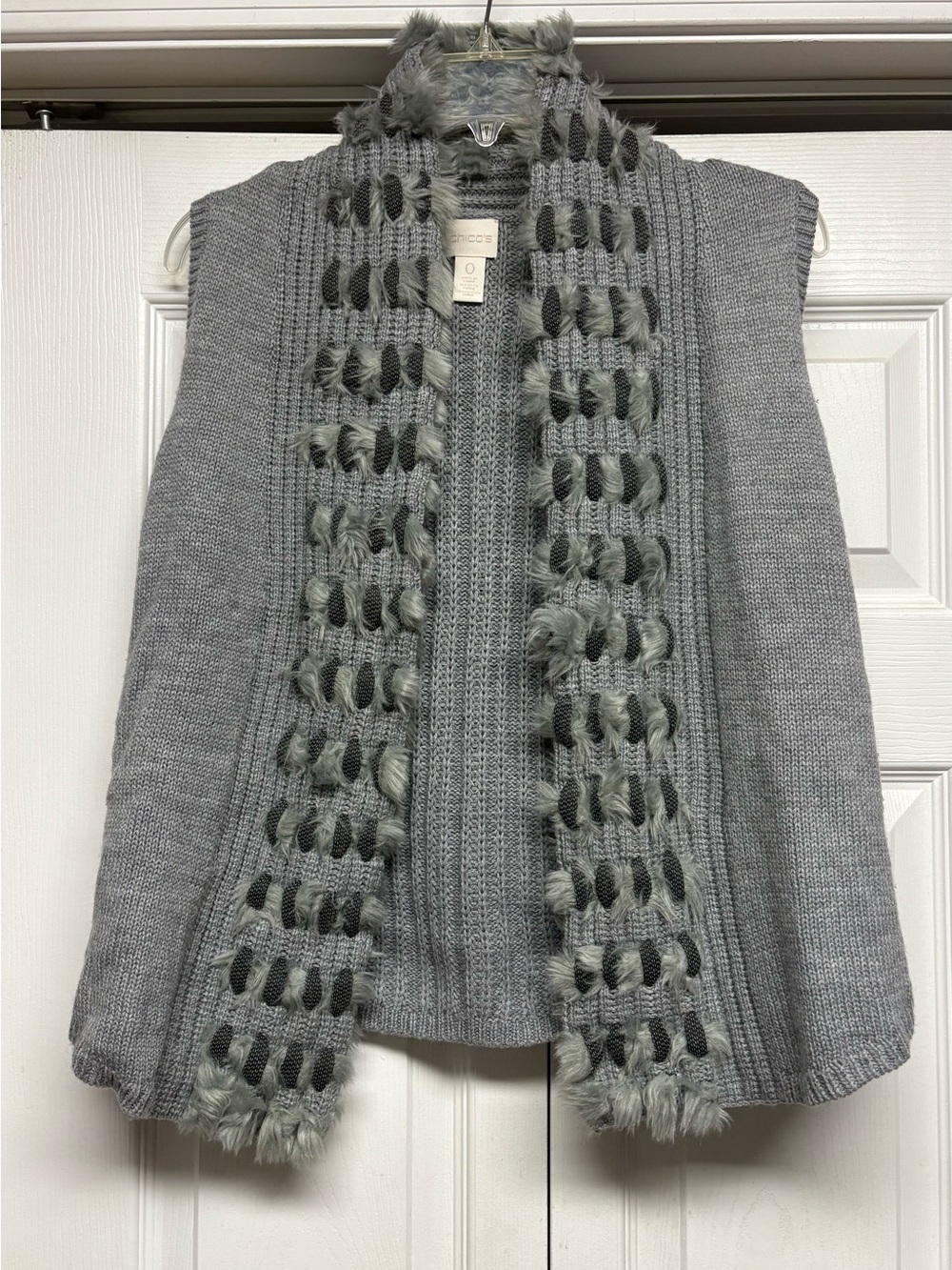 Chico's Gray Faux Fur Trim Knit Vest